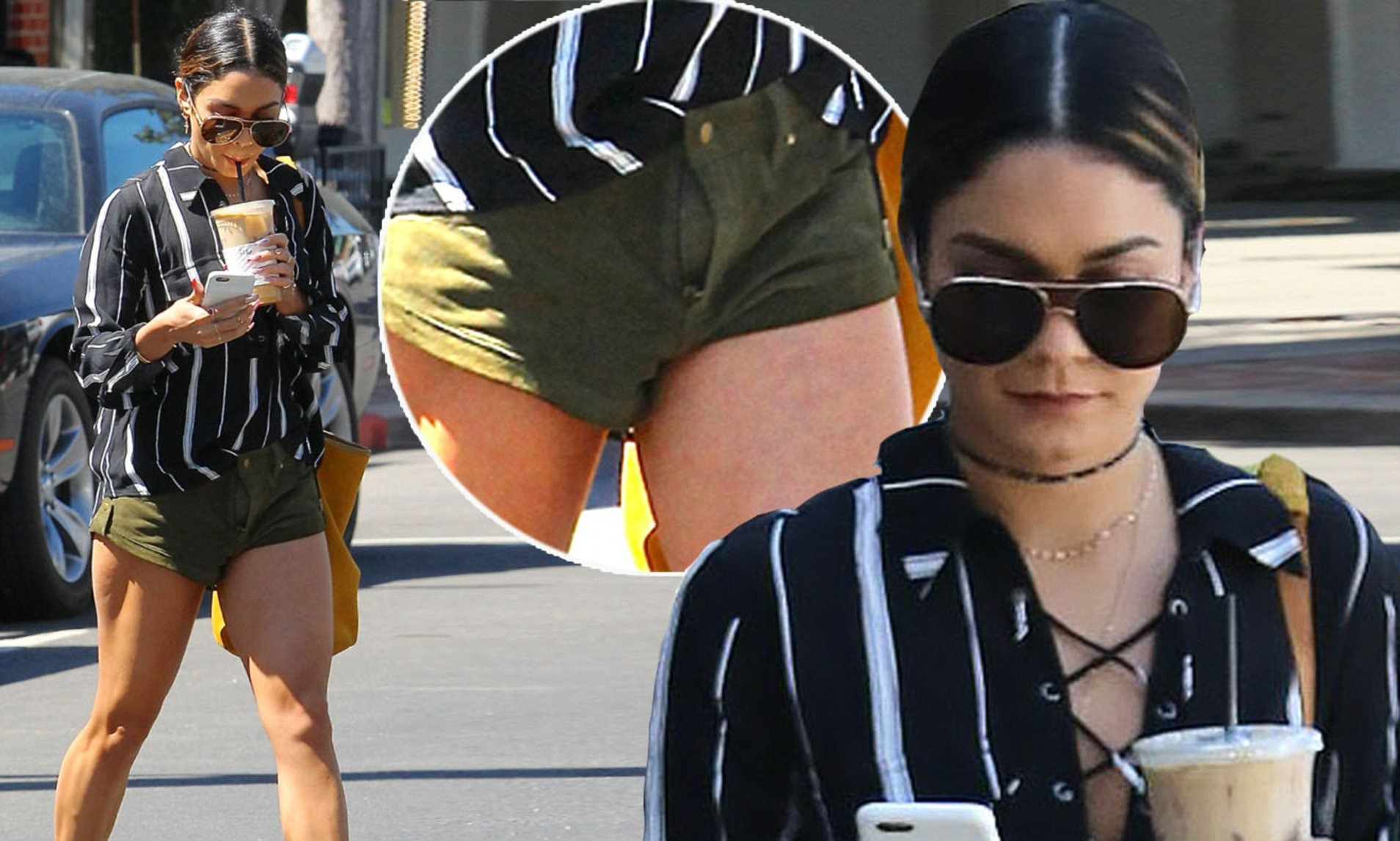 Vanessa Hudgens walks with open zip in tiny shorts.